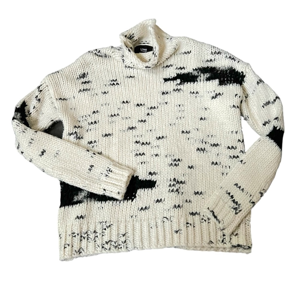 LINE the Label Chunky Abstract Distressed Knit Black + Cream Funnel Neck Sweater